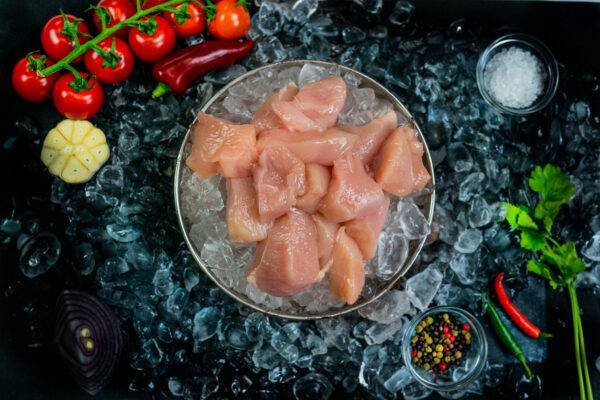 dice chicken breast in a bowl filled with ice on a bed of ice