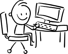 Cartoon man at computer desk