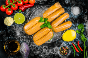 Sausage Mango Lime 3 mango and lime sausages on ice, next to onion and garnishes